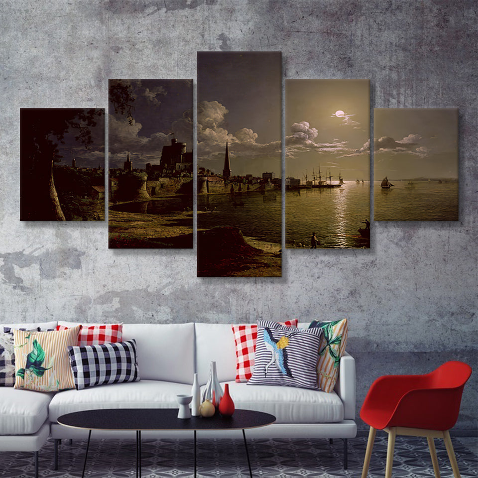 Sebastian Pether Moonlight Scene Southampton 5 Pieces Canvas Prints Wall Art - Painting Canvas, Multi Panel