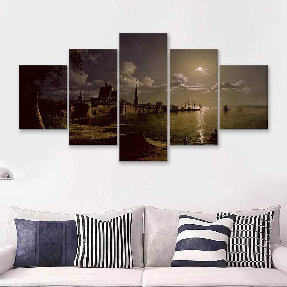 Sebastian Pether Moonlight Scene Southampton 5 Pieces Canvas Prints Wall Art - Painting Canvas, Multi Panel