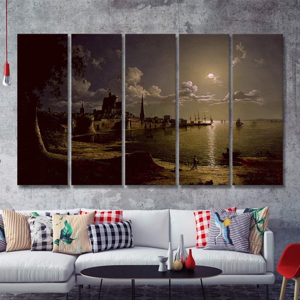 Sebastian Pether Moonlight Scene Southampton 5 Pieces B Canvas Prints Wall Art - Painting Canvas, Multi Panel