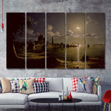 Sebastian Pether Moonlight Scene Southampton 5 Pieces B Canvas Prints Wall Art - Painting Canvas, Multi Panel