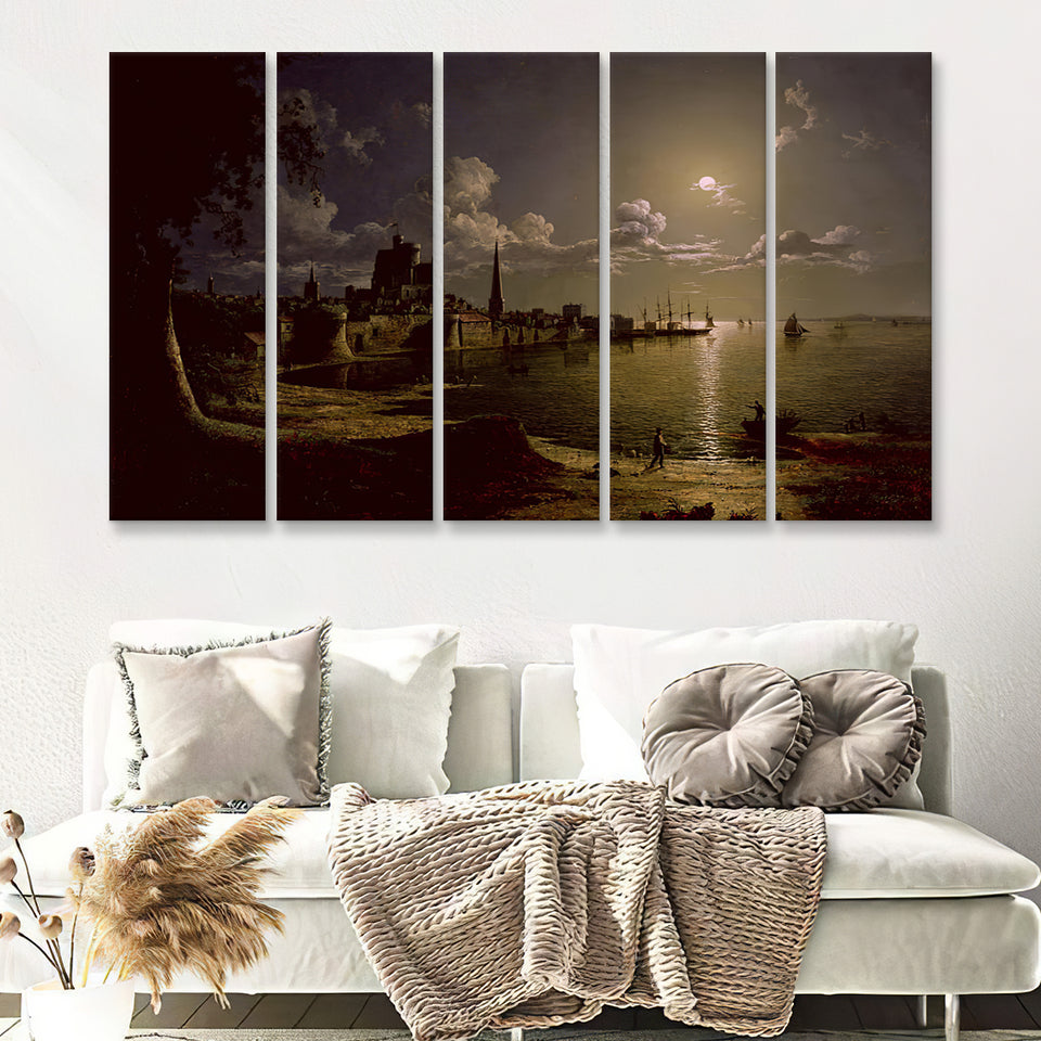 Sebastian Pether Moonlight Scene Southampton 5 Pieces B Canvas Prints Wall Art - Painting Canvas, Multi Panel