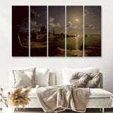 Sebastian Pether Moonlight Scene Southampton 5 Pieces B Canvas Prints Wall Art - Painting Canvas, Multi Panel