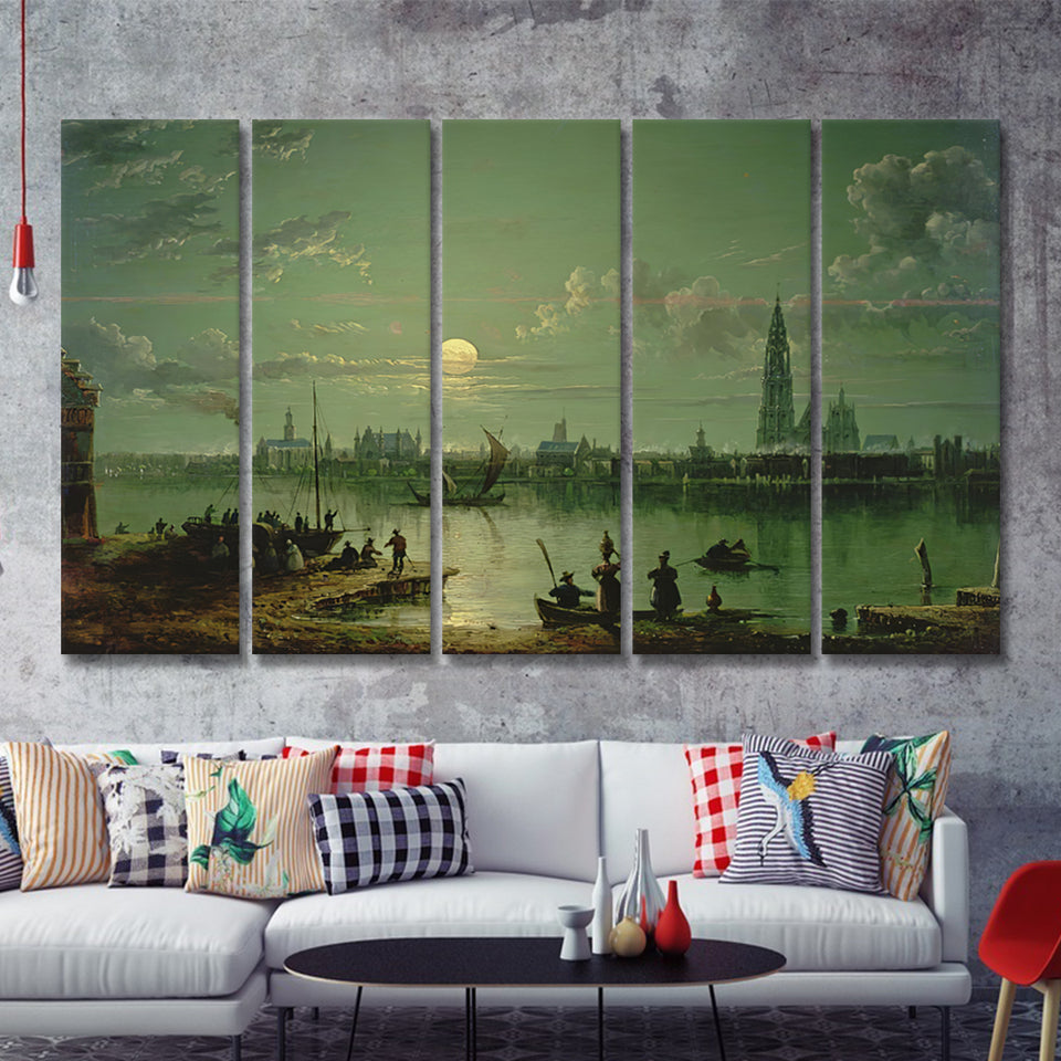Sebastian Pether Rotterdam Harbour By Moonlight 5 Pieces B Canvas Prints Wall Art - Painting Canvas, Multi Panel