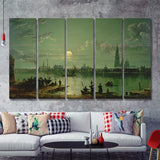 Sebastian Pether Rotterdam Harbour By Moonlight 5 Pieces B Canvas Prints Wall Art - Painting Canvas, Multi Panel