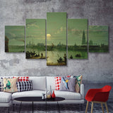 Sebastian Pether Rotterdam Harbour By Moonlight 5 Pieces Canvas Prints Wall Art - Painting Canvas, Multi Panel