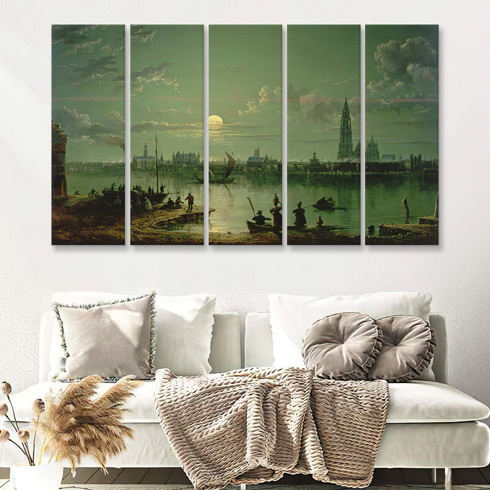 Sebastian Pether Rotterdam Harbour By Moonlight 5 Pieces B Canvas Prints Wall Art - Painting Canvas, Multi Panel