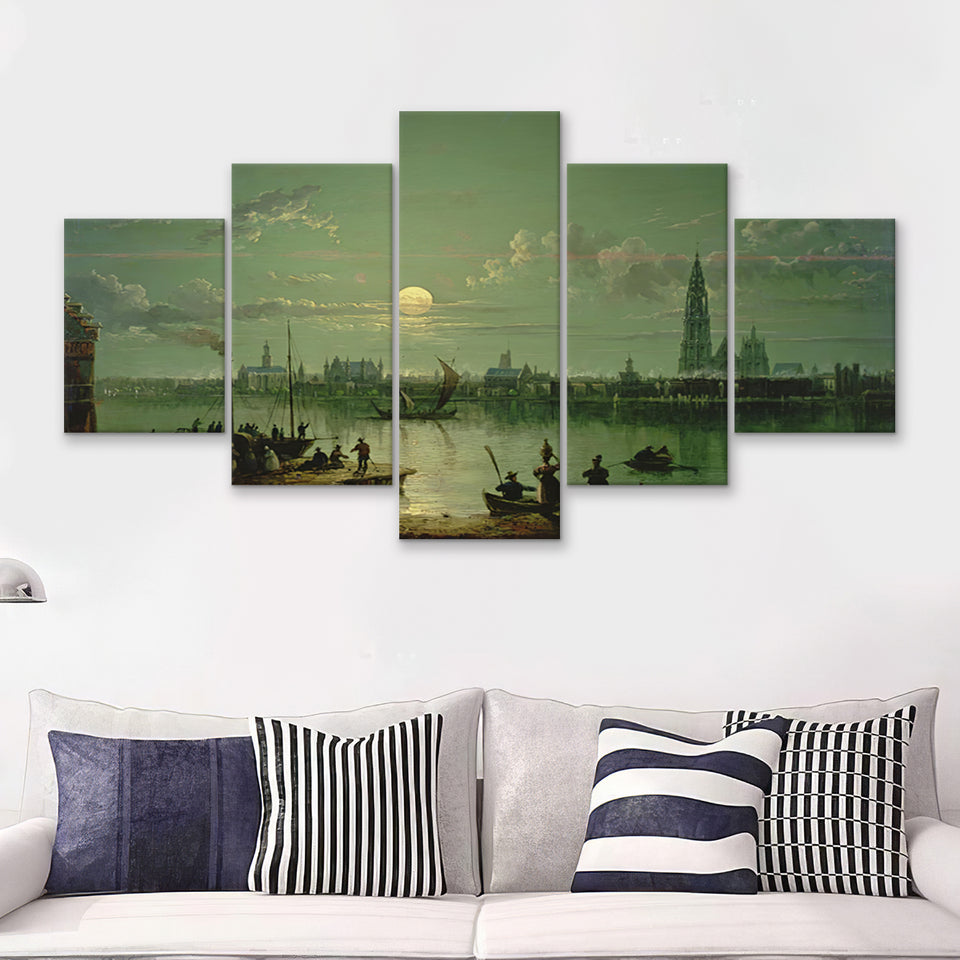 Sebastian Pether Rotterdam Harbour By Moonlight 5 Pieces Canvas Prints Wall Art - Painting Canvas, Multi Panel