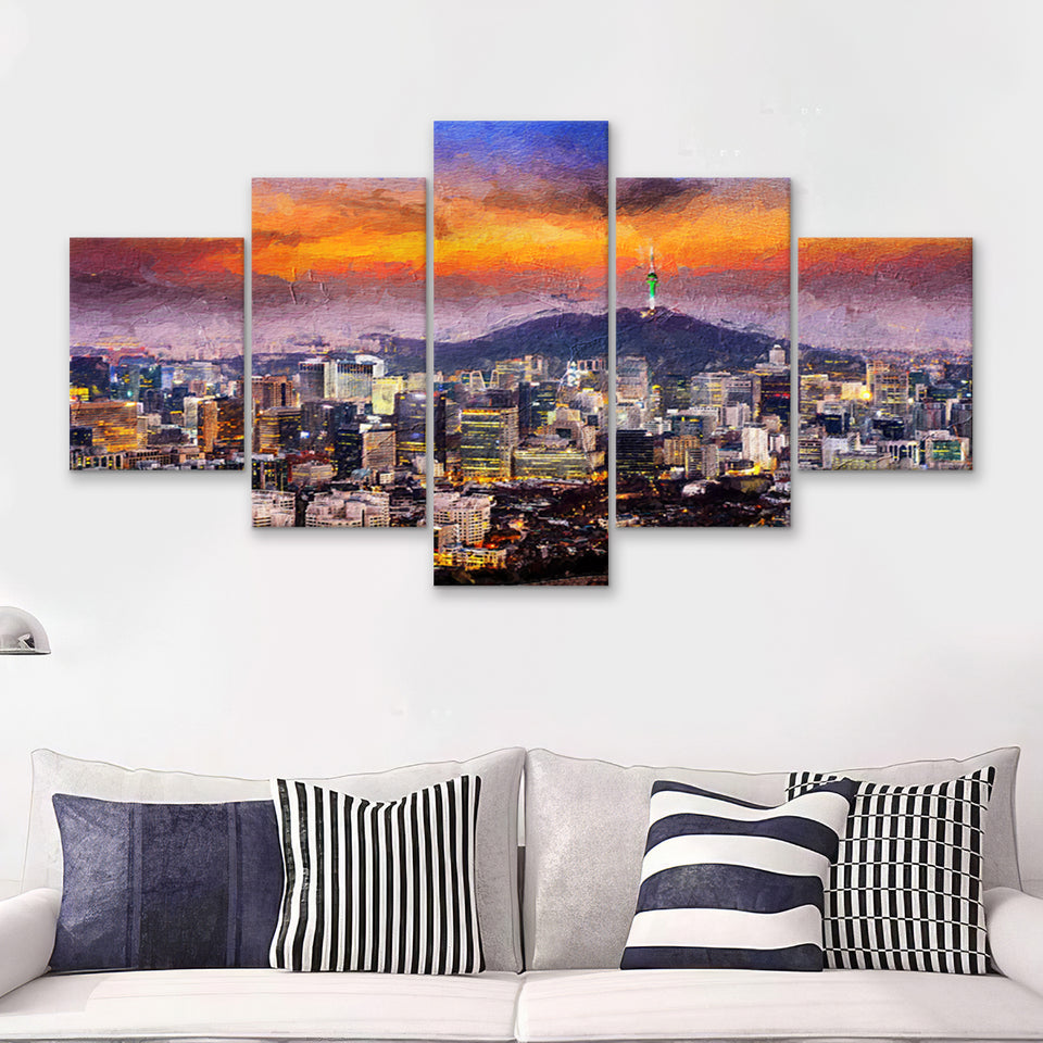 Seoul View of Downtown Cityscape 5 Piece Canvas Prints Wall Art Decor - Painting Canvas, Multi Panels