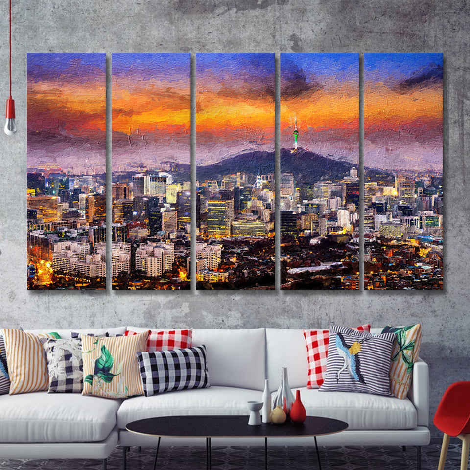Seoul View of Downtown Cityscape 5 Piece B Canvas Prints Wall Art Decor - Painting Canvas, Multi Panels