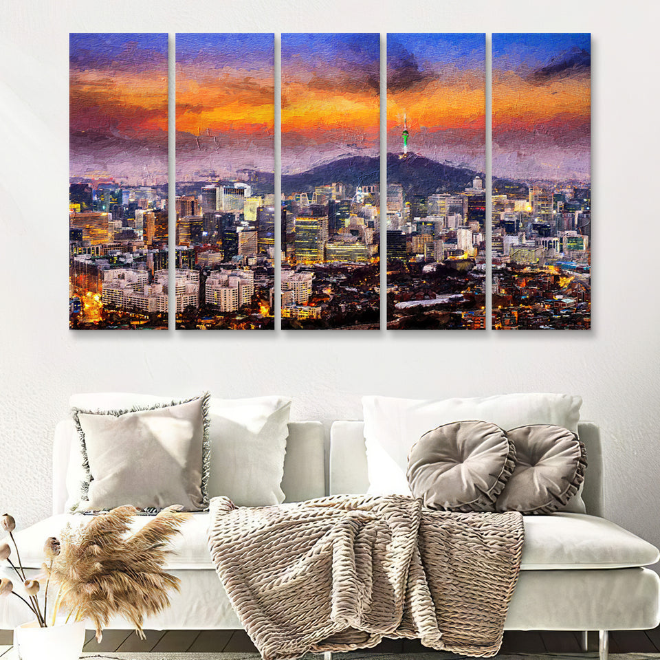 Seoul View of Downtown Cityscape 5 Piece B Canvas Prints Wall Art Decor - Painting Canvas, Multi Panels