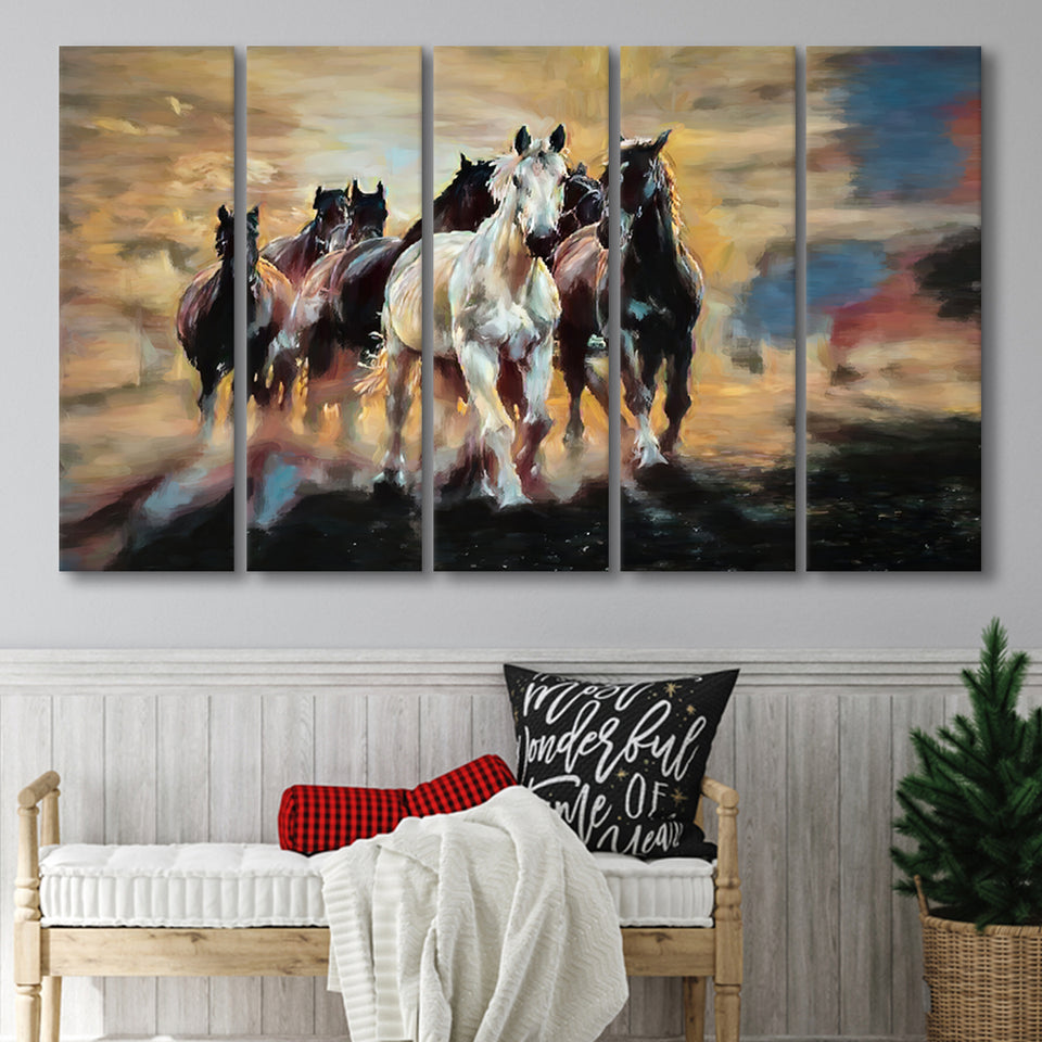 Seven Arabian Horses Painting Larger Canvas Art, 5 Piece Canvas Prints Wall Art Decor