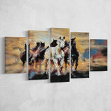 Seven Arabian Horses Painting 5 Panels, Canvas Prints Wall Art Decor, Large Canvas Art
