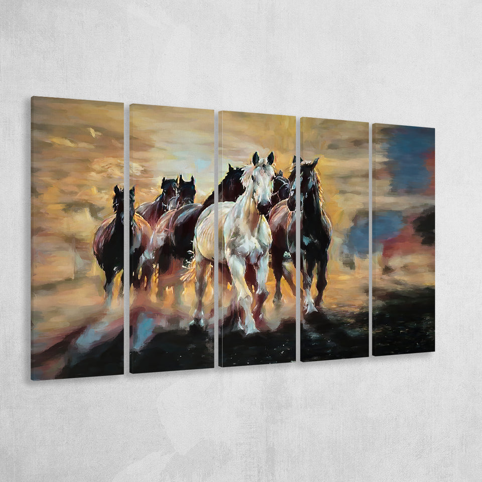 Seven Arabian Horses Painting Larger Canvas Art, 5 Piece Canvas Prints Wall Art Decor