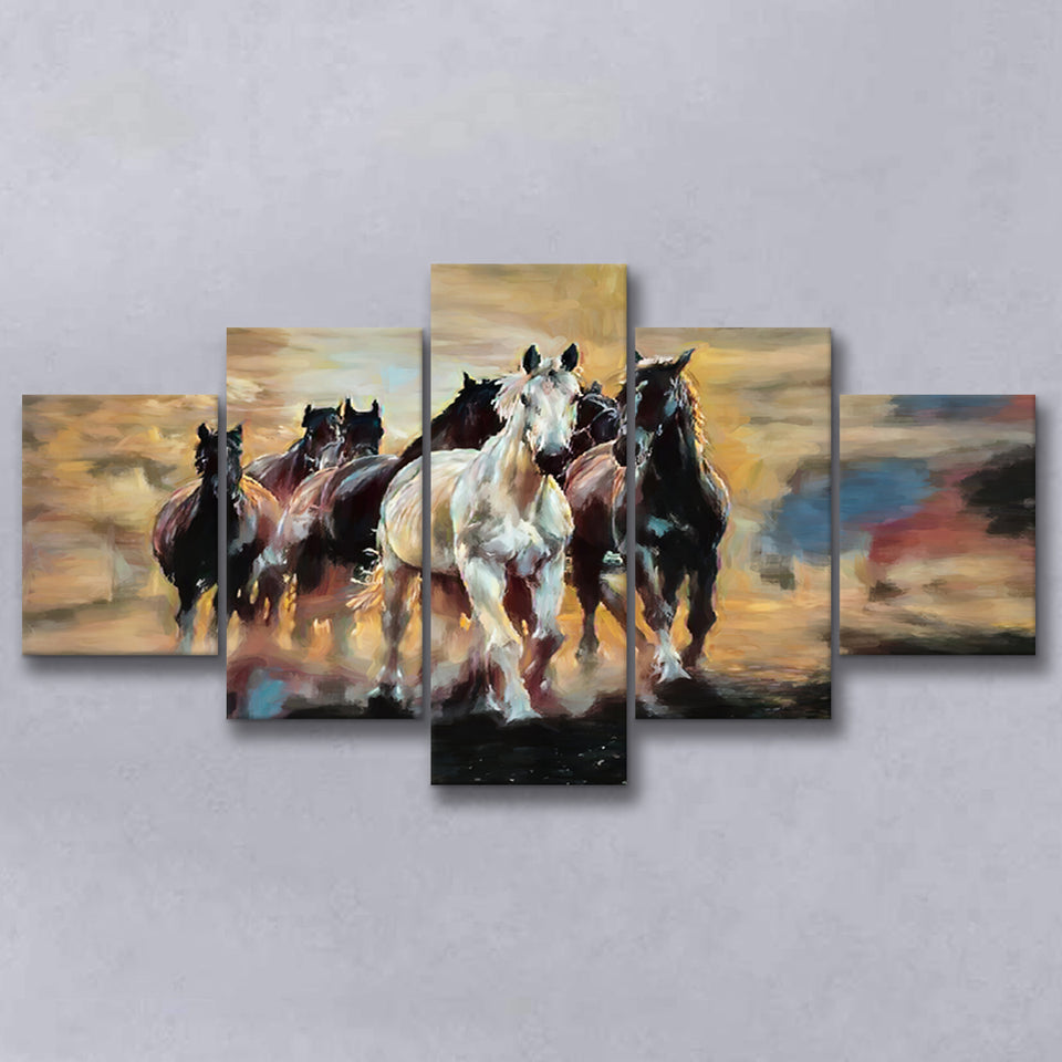 Seven Arabian Horses Painting 5 Panels, Canvas Prints Wall Art Decor, Large Canvas Art