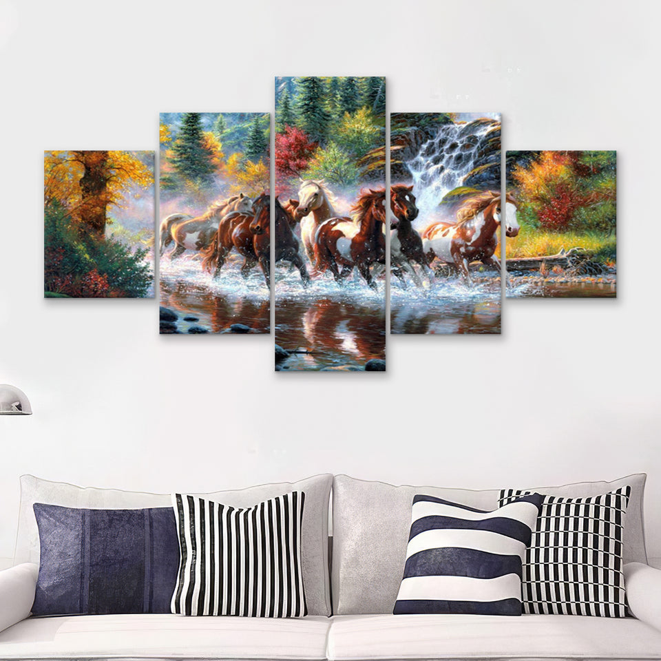 Seven Horse_Artwork_Painting_Native_American_Indian 5 Pieces Canvas Prints Wall Art - Painting Canvas, Multi Panels, Wall Decor