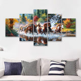 Seven Horse_Artwork_Painting_Native_American_Indian 5 Pieces Canvas Prints Wall Art - Painting Canvas, Multi Panels, Wall Decor