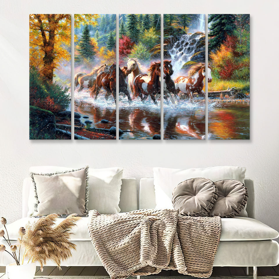 Seven Horse_Artwork_Painting_Native_American_Indian 5 Pieces B Canvas Prints Wall Art - Painting Canvas, Multi Panels, Wall Decor