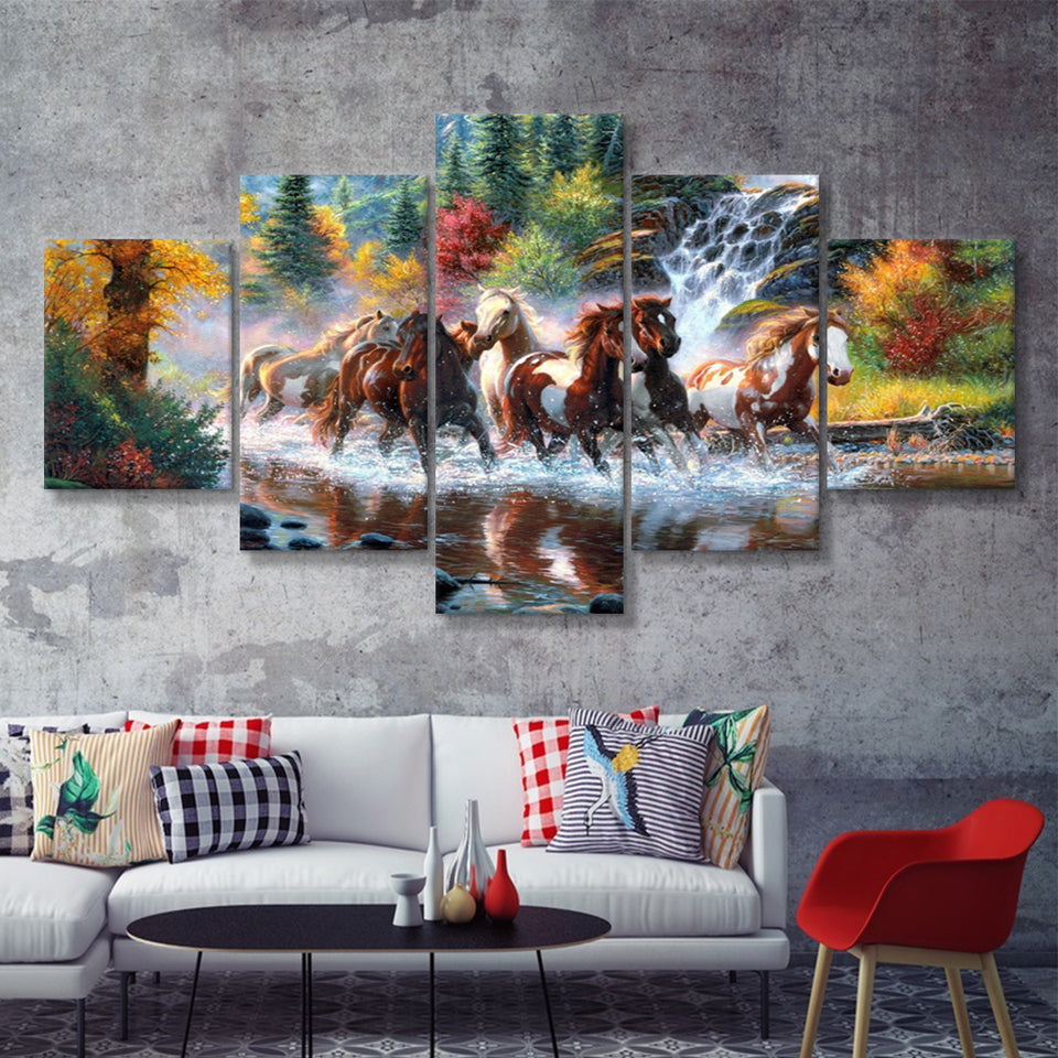 Seven Horse_Artwork_Painting_Native_American_Indian 5 Pieces Canvas Prints Wall Art - Painting Canvas, Multi Panels, Wall Decor