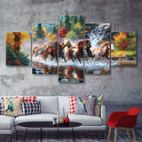 Seven Horse_Artwork_Painting_Native_American_Indian 5 Pieces Canvas Prints Wall Art - Painting Canvas, Multi Panels, Wall Decor