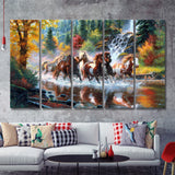 Seven Horse_Artwork_Painting_Native_American_Indian 5 Pieces B Canvas Prints Wall Art - Painting Canvas, Multi Panels, Wall Decor