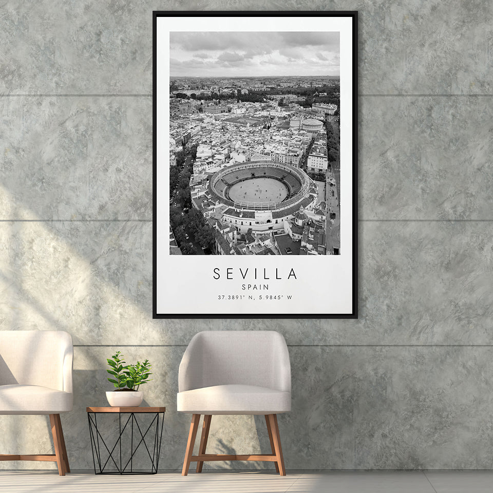 Sevilla, Spain Black And White Art Framed Canvas Prints Wall Art Home Decor, Floating Frame