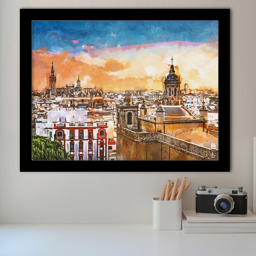 Seville Spain Skyline Old Quarter City Art Watercolor Framed Art Prints Wall Art Decor,Framed Picture