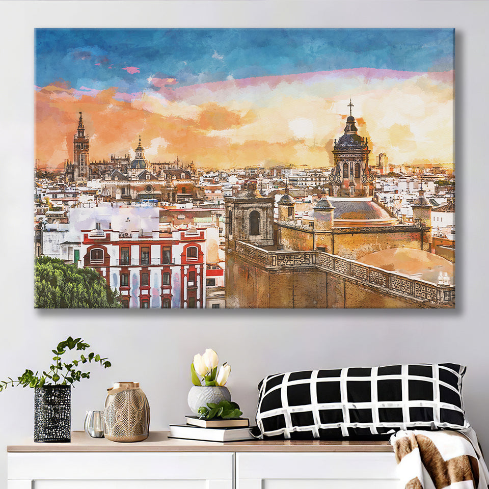 Seville Spain Skyline Old Quarter City Art Watercolor Canvas Prints Wall Art Home Decor, Large Canvas
