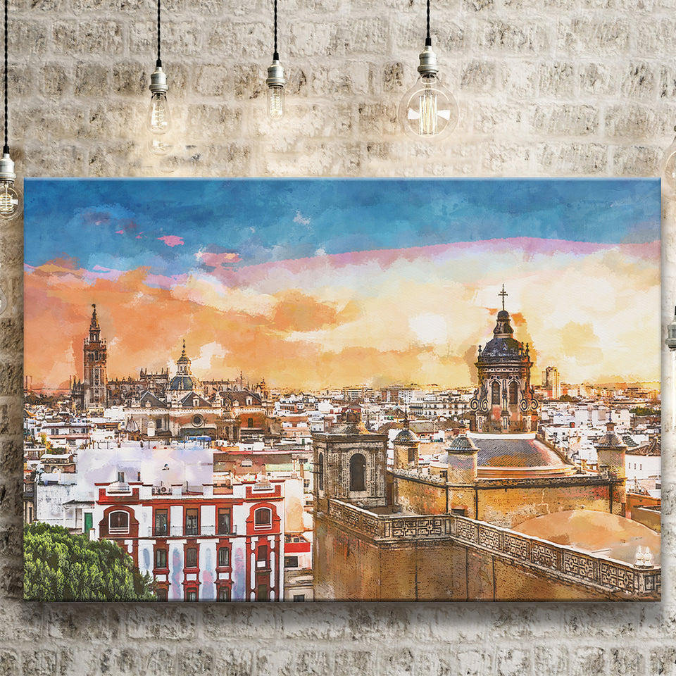 Seville Spain Skyline Old Quarter City Art Watercolor Canvas Prints Wall Art Home Decor, Large Canvas