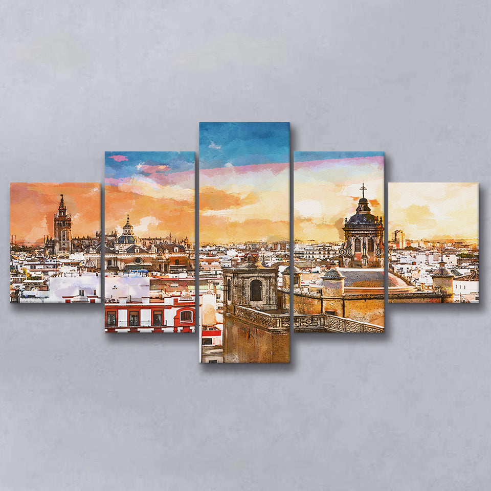 Seville Spain Skyline Old Quarter 5 Pieces Mixed Canvas Prints Wall Art Home Decor