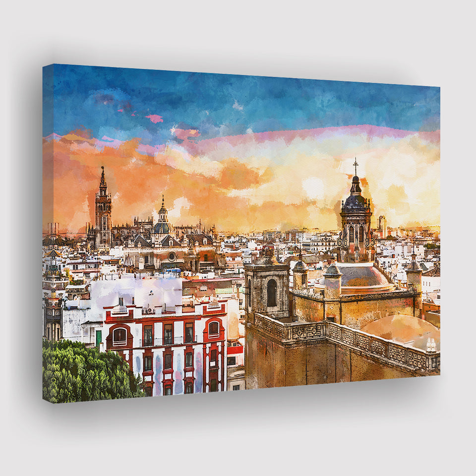 Seville Spain Skyline Old Quarter City Art Watercolor Canvas Prints Wall Art Home Decor, Large Canvas