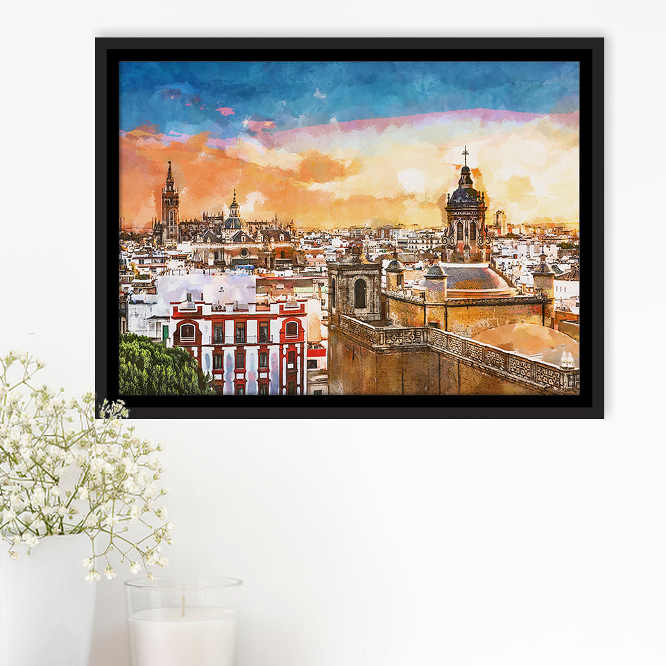 Seville Spain Skyline Old Quarter City Art Watercolor Framed Canvas Prints Wall Art Home Decor,Floating Frame