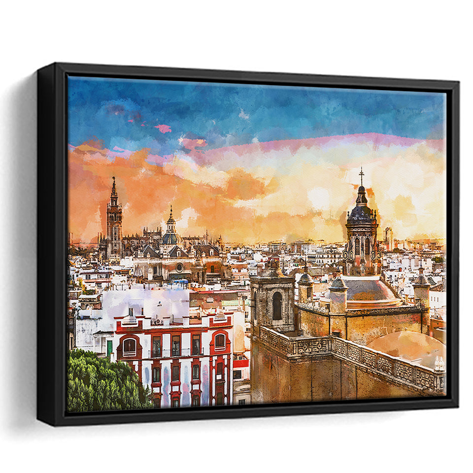 Seville Spain Skyline Old Quarter City Art Watercolor Framed Canvas Prints Wall Art Home Decor,Floating Frame