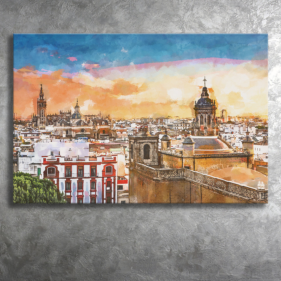 Seville Spain Skyline Old Quarter City Art Watercolor Canvas Prints Wall Art Home Decor, Large Canvas