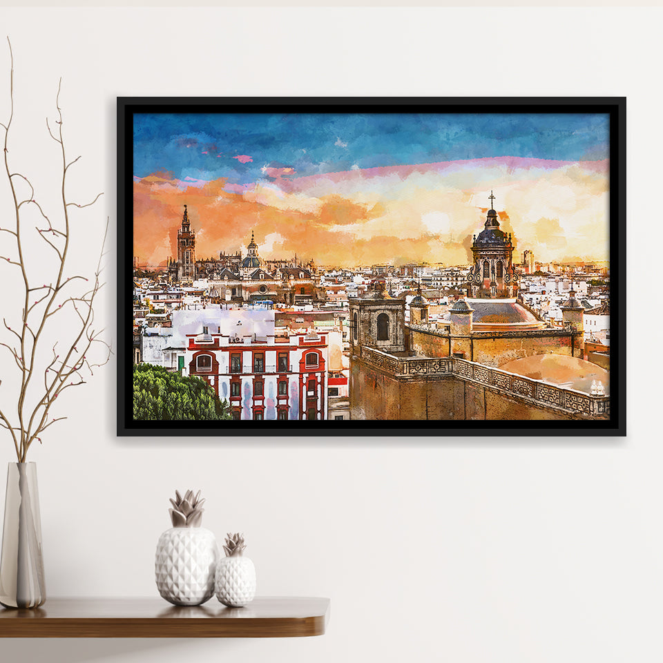Seville Spain Skyline Old Quarter City Art Watercolor Framed Canvas Prints Wall Art Home Decor,Floating Frame