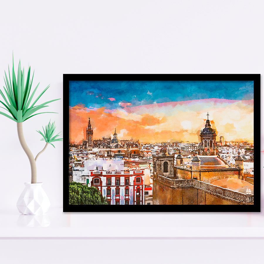 Seville Spain Skyline Old Quarter City Art Watercolor Framed Art Prints Wall Art Decor,Framed Picture