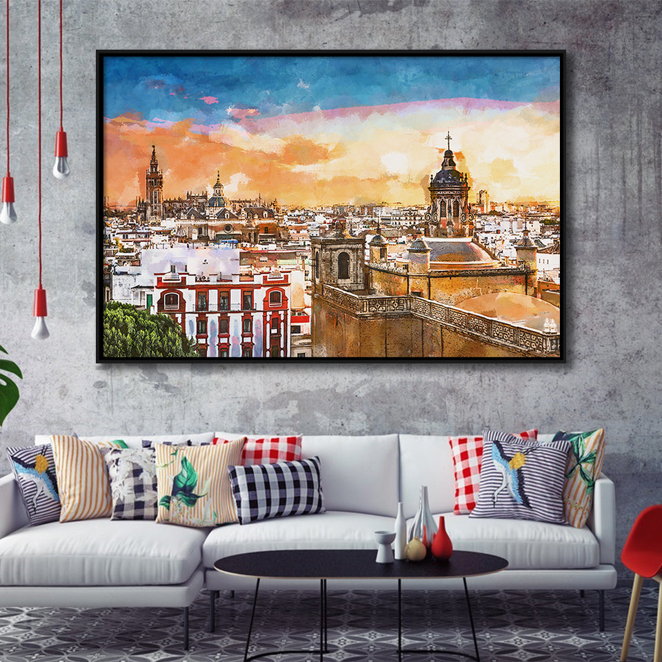 Seville Spain Skyline Old Quarter City Art Watercolor Framed Canvas Prints Wall Art Home Decor,Floating Frame