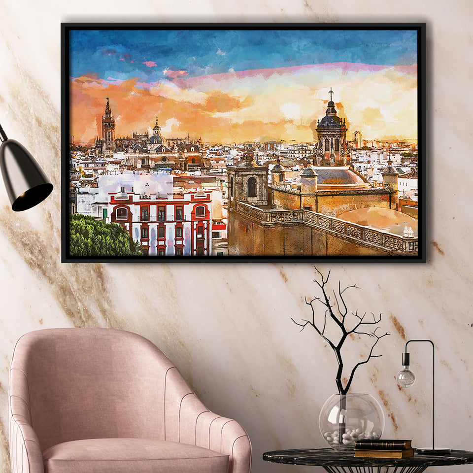 Seville Spain Skyline Old Quarter City Art Watercolor Framed Canvas Prints Wall Art Home Decor,Floating Frame