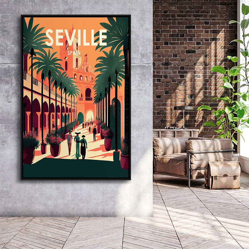 Seville Spain Retro Art Print, Large Canvas, Framed Canvas Print Wall Art Home Decor, Floating Frame