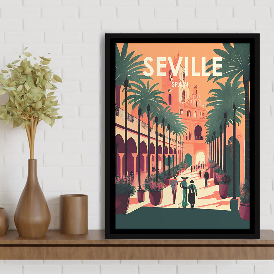 Seville Spain Retro Art Print, Large Canvas, Framed Canvas Print Wall Art Home Decor, Floating Frame