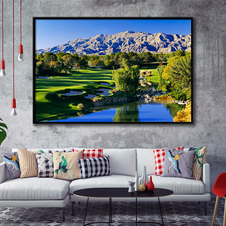 Shadow Creek Golf Club Hole 18, North Las Vegas, Nevada, Golf Art Print, Framed Canvas Prints Wall Art Decor, Floating Frame
