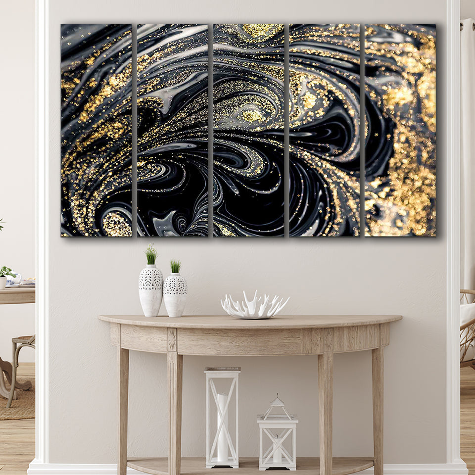 Shimmery Wall Art, Gold Black Luxury Wall Art Larger Canvas Art, 5 Piece Canvas Prints Wall Art Decor