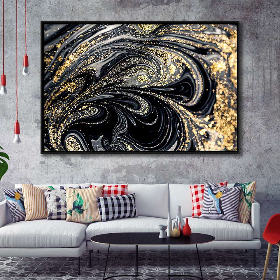 Shimmery Wall Art, Gold Black Luxury Wall Art Framed Canvas Prints Wall Art Home Decor,Floating Frame