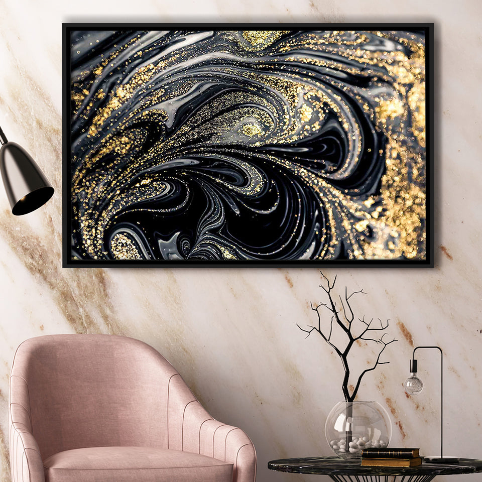 Shimmery Wall Art, Gold Black Luxury Wall Art Framed Canvas Prints Wall Art Home Decor,Floating Frame