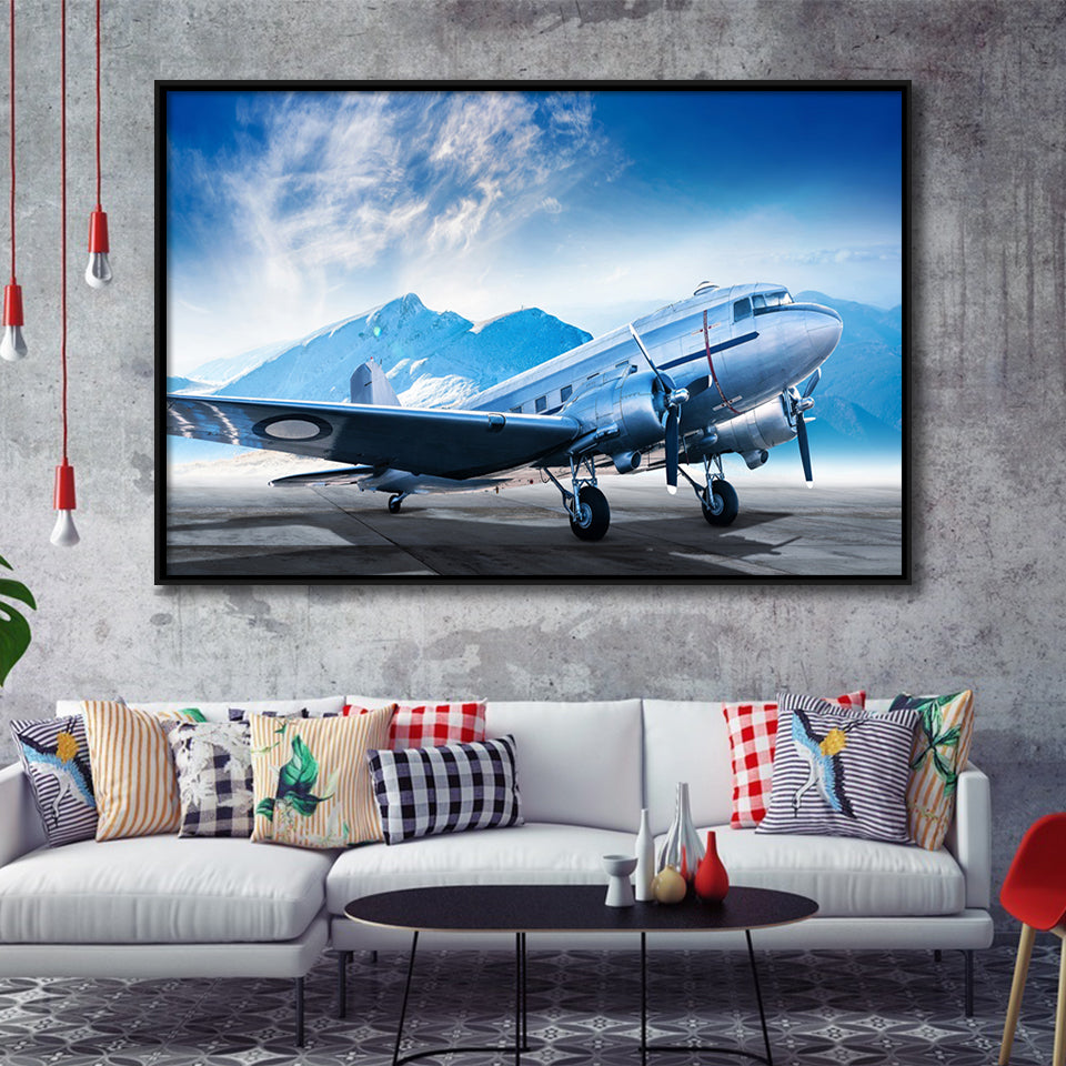Silver Vintage Airplane Framed Canvas Prints Wall Art Decor - Painting Canvas, Black Framed Picture