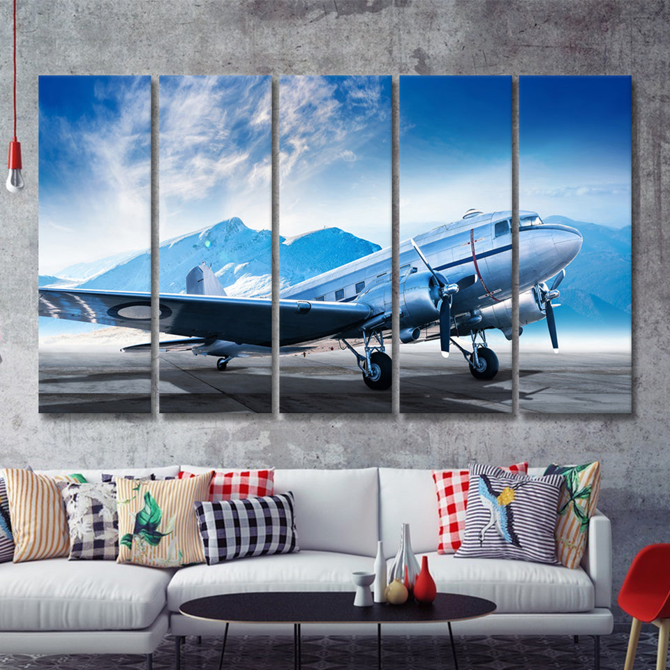Silver Vintage Airplane 5 Piece B Canvas Prints Wall Art Decor - Painting Canvas, Multi Panels