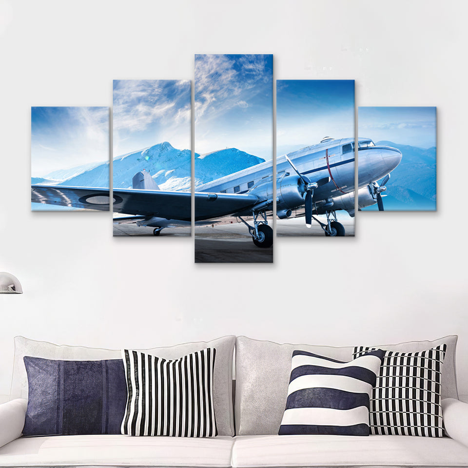 Silver Vintage Airplane 5 Piece Canvas Prints Wall Art Decor - Painting Canvas, Multi Panels