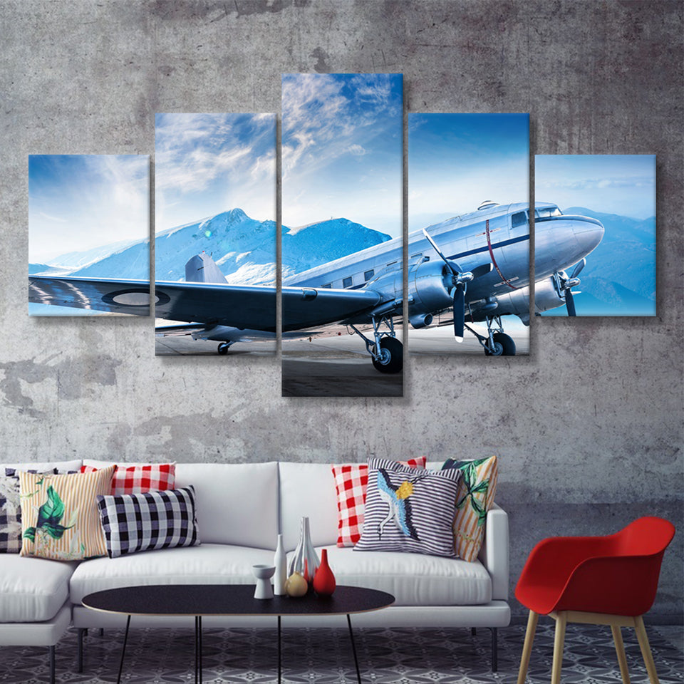 Silver Vintage Airplane 5 Piece Canvas Prints Wall Art Decor - Painting Canvas, Multi Panels