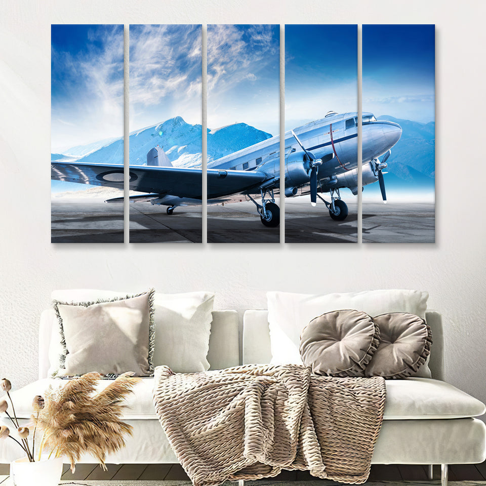 Silver Vintage Airplane 5 Piece B Canvas Prints Wall Art Decor - Painting Canvas, Multi Panels