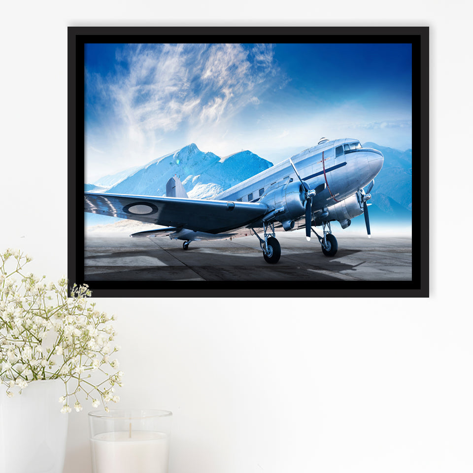 Silver Vintage Airplane Framed Canvas Prints Wall Art Decor - Painting Canvas, Black Framed Picture