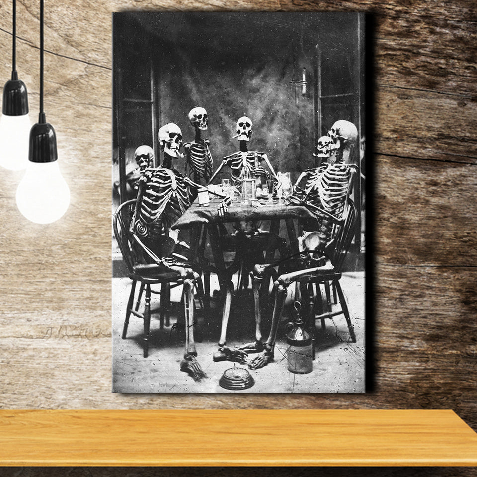 Skeletons Smoking Black And White Print, Gothic Skeletons Drinking Canvas Prints Wall Art Home Decor